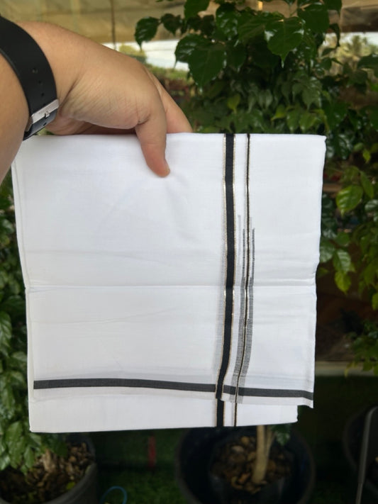20% Discount !! Kaitharikada Balaramapuram 100% Cotton PURE WHITE Double Mundu/Dothi - 100x80 - 0.25 inch Silver Kasavu & Black Chutty Kara - 5KK5191CKS