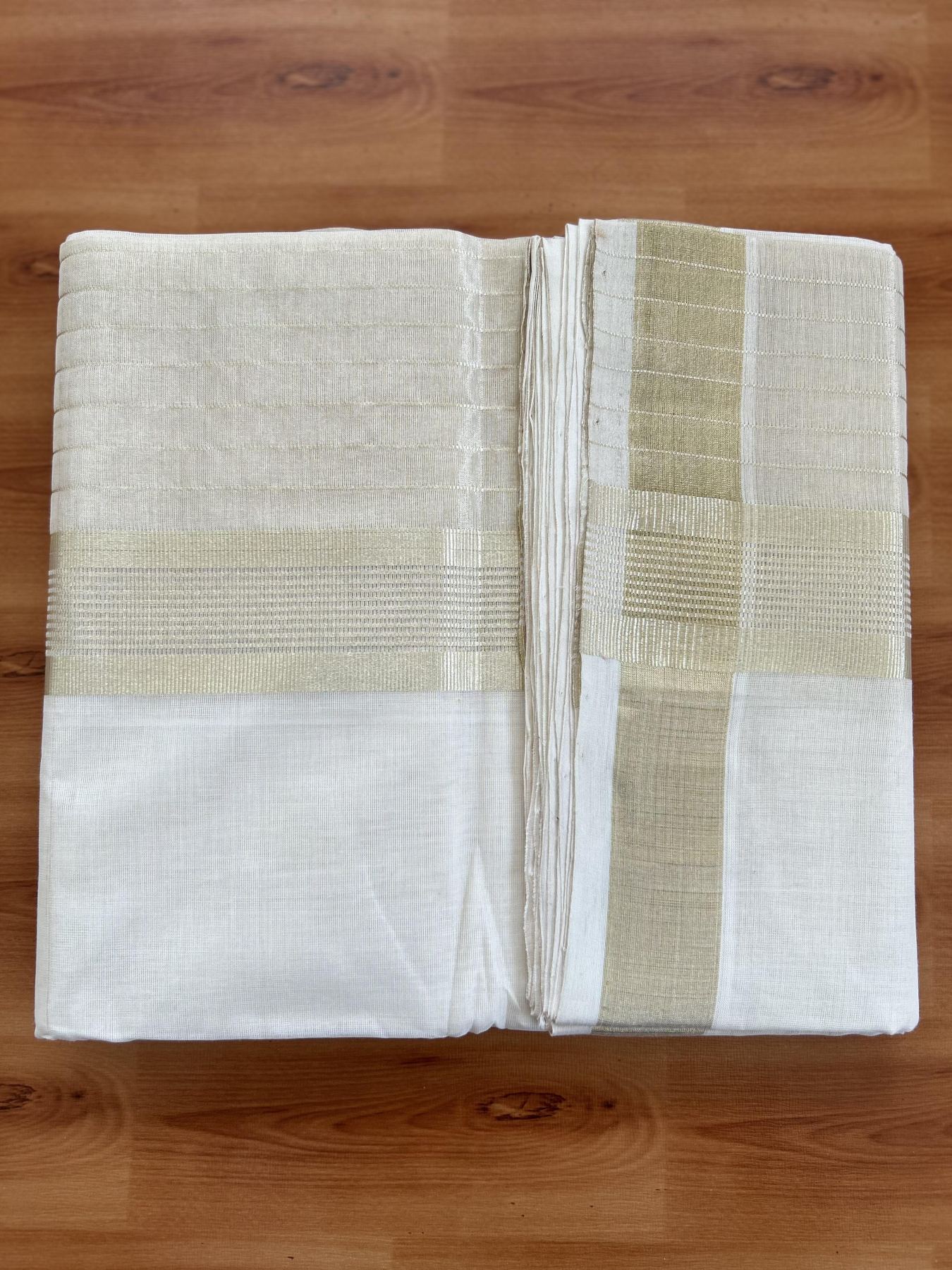 Double Off White - (Unbleached) Mundu/Dhoti - 25% Discount! KaithariKada Handloom Millpaav Kerala Handloom - Pure Cotton - (80X90) - 7 inch Light Gold Kasav Half Tissue Striped Kara 4 mtr (8.5 Muzham) - 1 KK5403 RAM