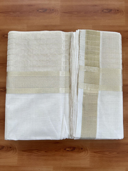 Double Off White - (Unbleached) Mundu/Dhoti - 25% Discount! KaithariKada Handloom Millpaav Kerala Handloom - Pure Cotton - (80X90) - 7 inch Light Gold Kasav Half Tissue Striped Kara 4 mtr (8.5 Muzham) - 1 KK5403 RAM