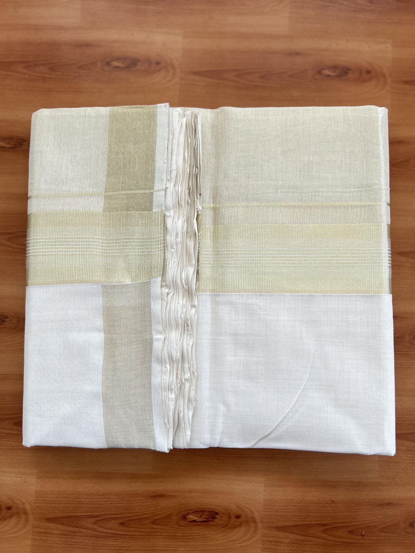 Double Off White - (Unbleached) Mundu/Dhoti - 25% Discount! KaithariKada Handloom Millpaav Kerala Handloom - Pure Cotton - (80X90) - 7 inch Light Gold Kasav Half Tissue Kara 4 mtr (8.5 Muzham) - 2 KK5403 RAM