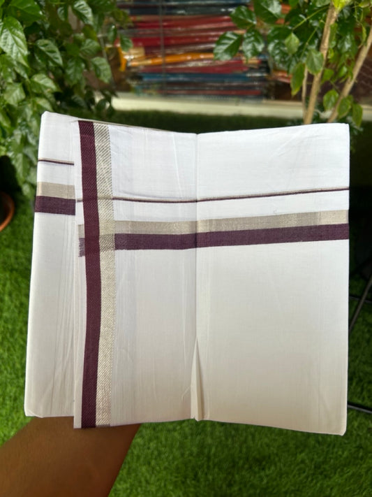 20% Discount !! Kaitharikada Balaramapuram 100% Cotton PURE WHITE Double Mundu/Dothi - 100x100 - 1 inch Silver Kasavu & Grape Wine Kara - 11KK5191CKS
