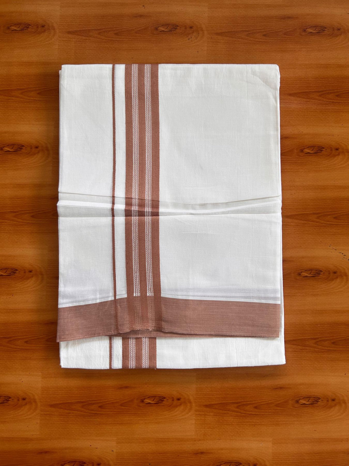 Pure White Double Mundu/Dhoti - 20% Discount ! Kaitharikada Pure Cotton - 100x80 - 1.25 inch Peach Brown striped Kara 3.80 mtr (8 muzham) - 35 KK5523 MC