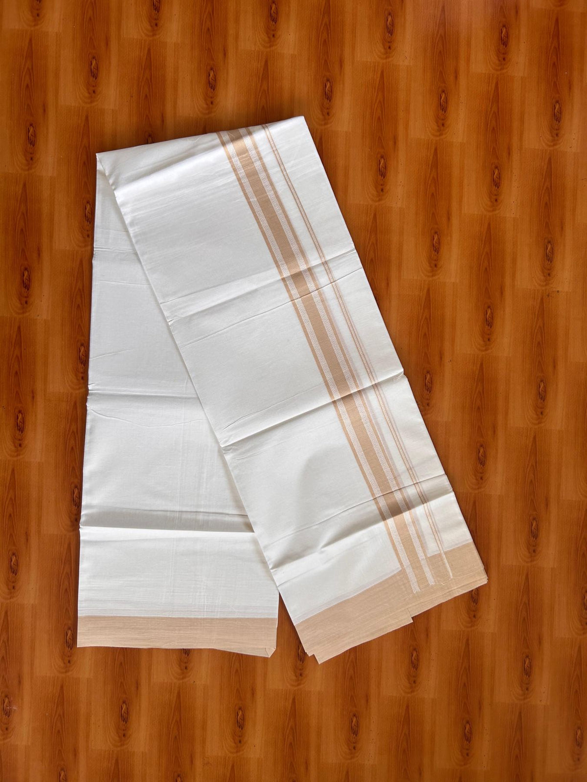 Pure White Double Mundu/Dhoti - 20% Discount ! Kaitharikada Pure Cotton - 100x80 - 1.25 inch Light Beige Brown striped Kara 3.80 mtr (8 muzham) - 34 KK5523 MC