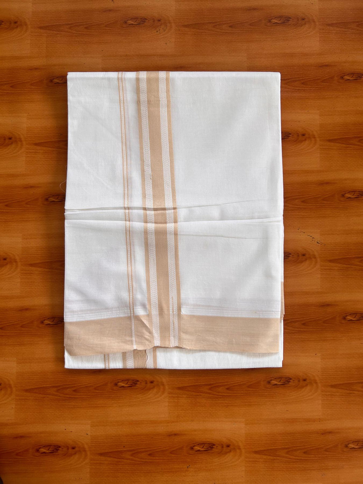Pure White Double Mundu/Dhoti - 20% Discount ! Kaitharikada Pure Cotton - 100x80 - 1.25 inch Light Beige Brown striped Kara 3.80 mtr (8 muzham) - 34 KK5523 MC