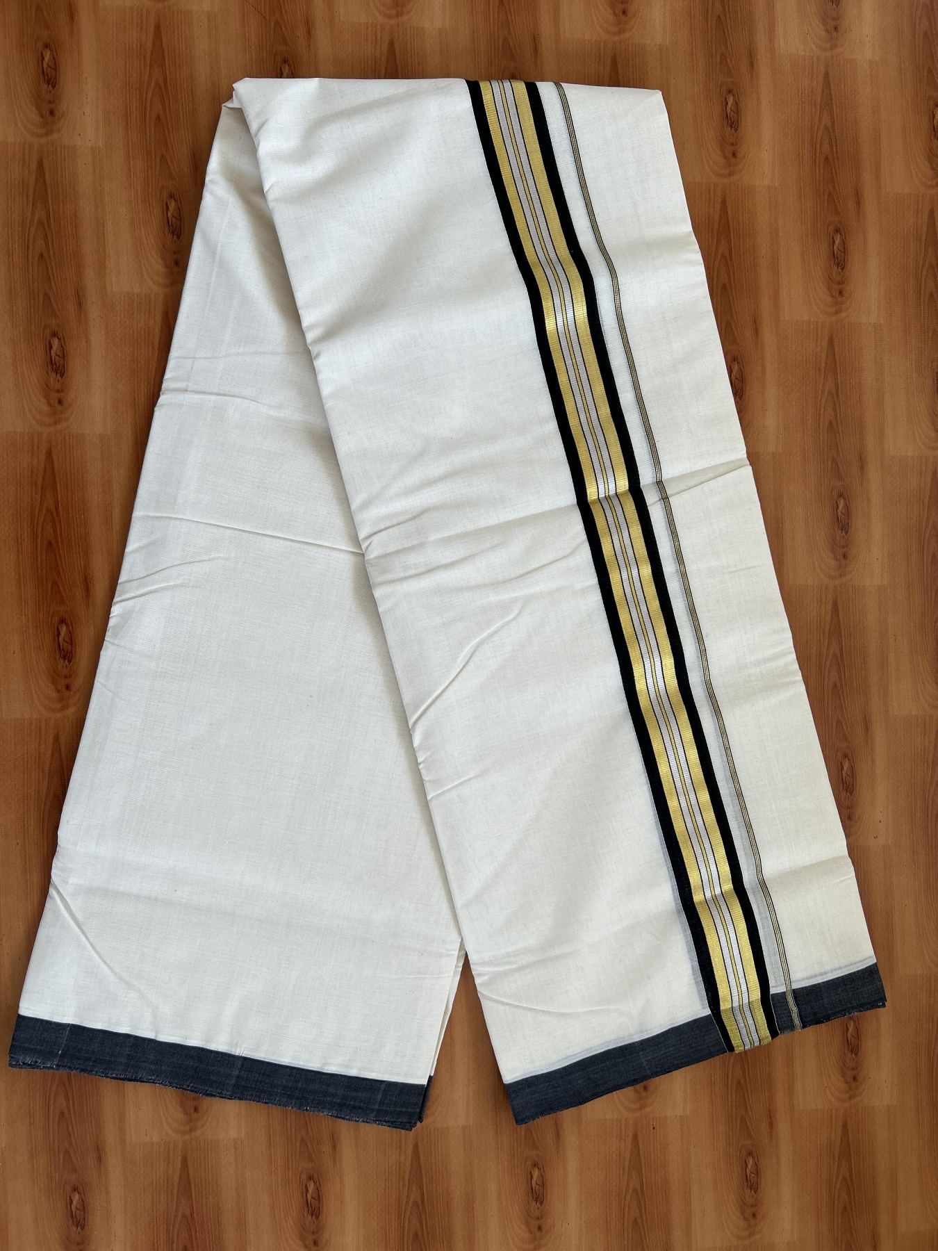 Double Off White - (Unbleached) Mundu/Dhoti - 25% Discount! KaithariKada Handloom Millpaav Kerala Handloom - Pure Cotton - (80X90) - 1.5 inch Gold & Silver Kasav Black Striped Kara 4 mtr (8.5 Muzham) - 14 KK5403 RAM