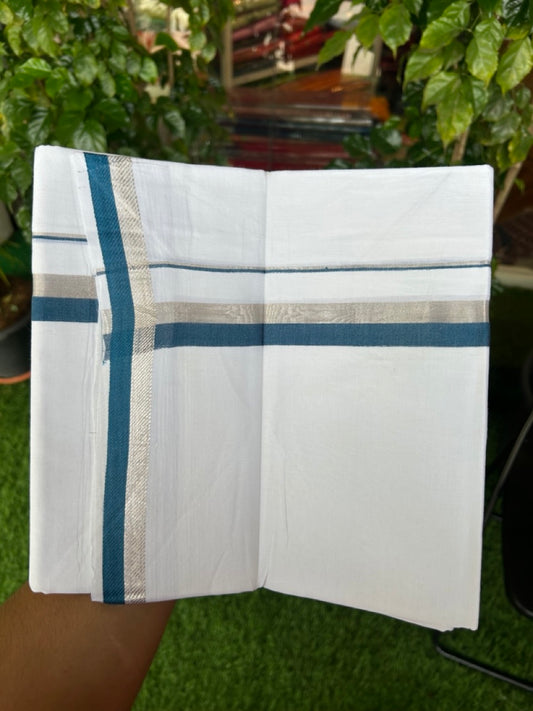 20% Discount !! Kaitharikada Balaramapuram 100% Cotton PURE WHITE Double Mundu/Dothi - 100x100 - 1 inch Silver Kasavu & Peacock Blue Kara - 10KK5191CKS