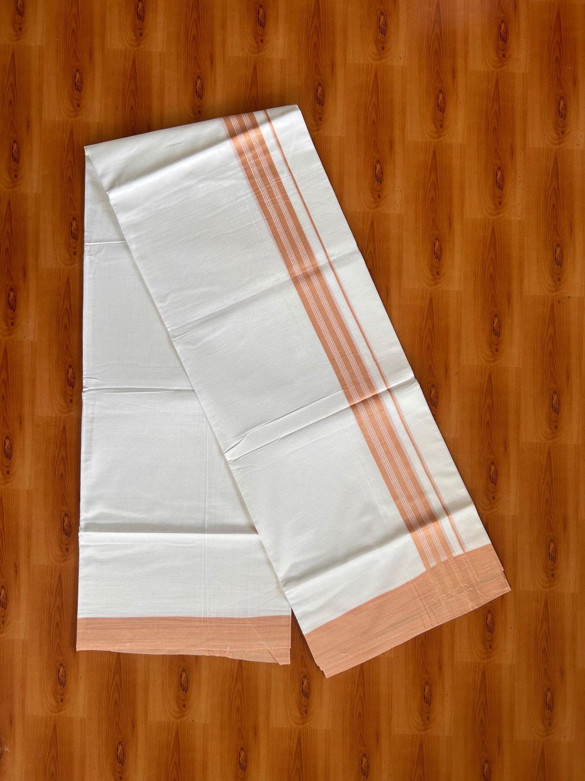 Pure White Double Mundu/Dhoti - 20% Discount ! Kaitharikada Pure Cotton - 100x80 - 1.25 inch Peach Orange striped Kara 3.80 mtr (8 muzham) - 36 KK5523 MC