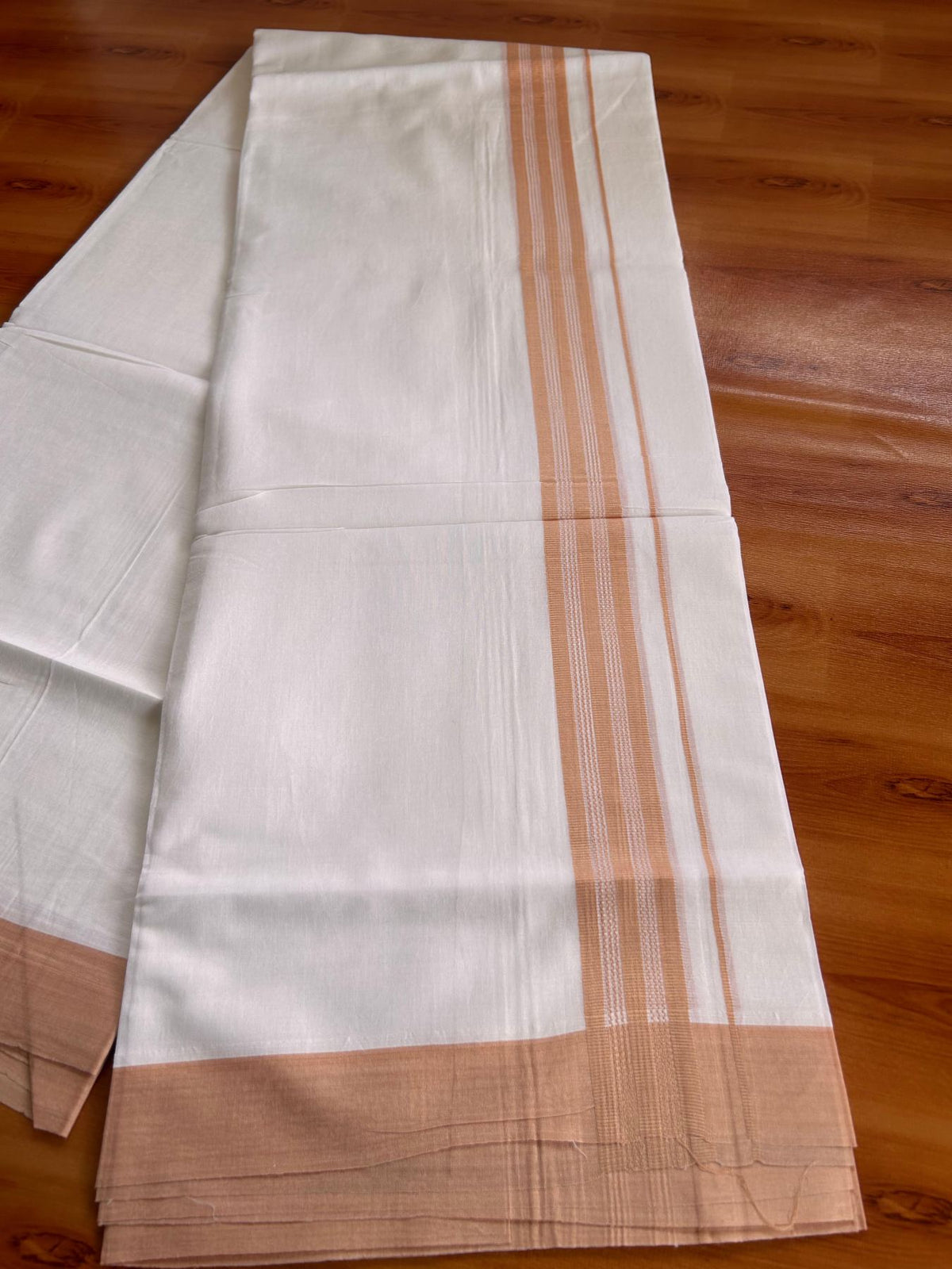Pure White Double Mundu/Dhoti - 20% Discount ! Kaitharikada Pure Cotton - 100x80 - 1.25 inch Peach Orange striped Kara 3.80 mtr (8 muzham) - 36 KK5523 MC