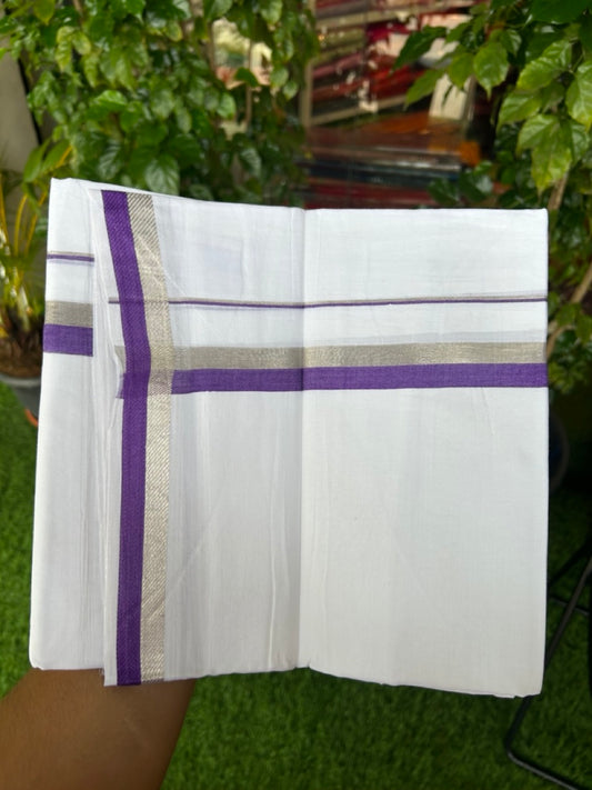 20% Discount !! Kaitharikada Balaramapuram 100% Cotton PURE WHITE Double Mundu/Dothi - 100x100 - 1 inch Silver Kasavu & Violet Kara - 14KK5191CKS