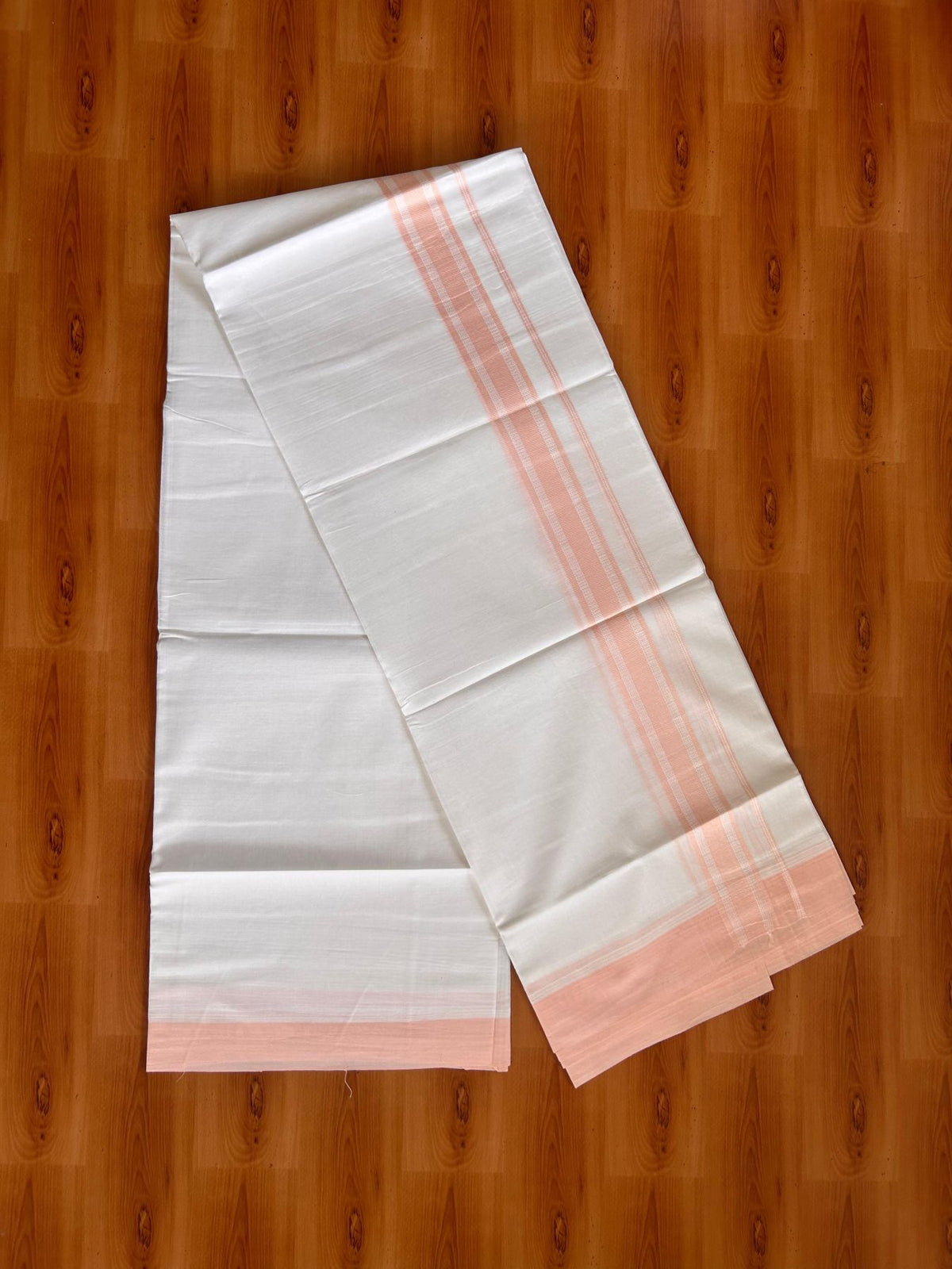 Pure White Double Mundu/Dhoti - 20% Discount ! Kaitharikada Pure Cotton - 100x80 - 1.5 inch Peach striped Kara 3.80 mtr (8 muzham) - 41 KK5523 MC