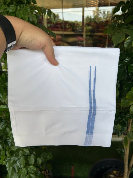 20% DISCOUNT!!  KaithariKada Balaramapuram 100% Cotton PURE WHITE Double Mundu/Dhoti-100x80 - 0.75 inch Blue Puliyilakkara Long Chutty - 33KK5191CKS