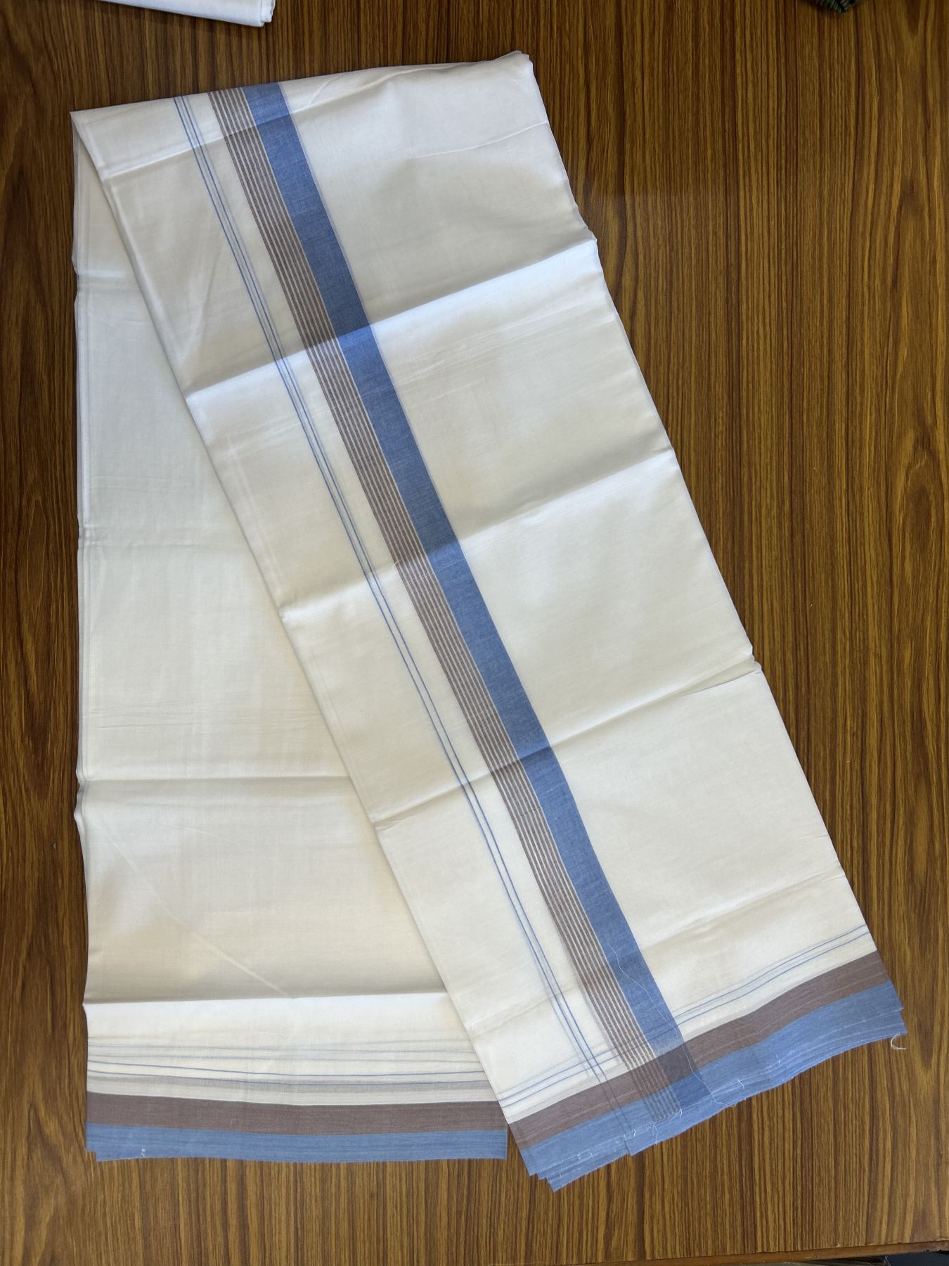 20% Discount! KaithariKada Balaramapuram 100% Cotton Double Pure white Mundu/Dhoti- 100X80 - 1.5 inch Blue & Brown kara - 4 mtr ( 8.5 muzham) - 12 KK5341 VIN