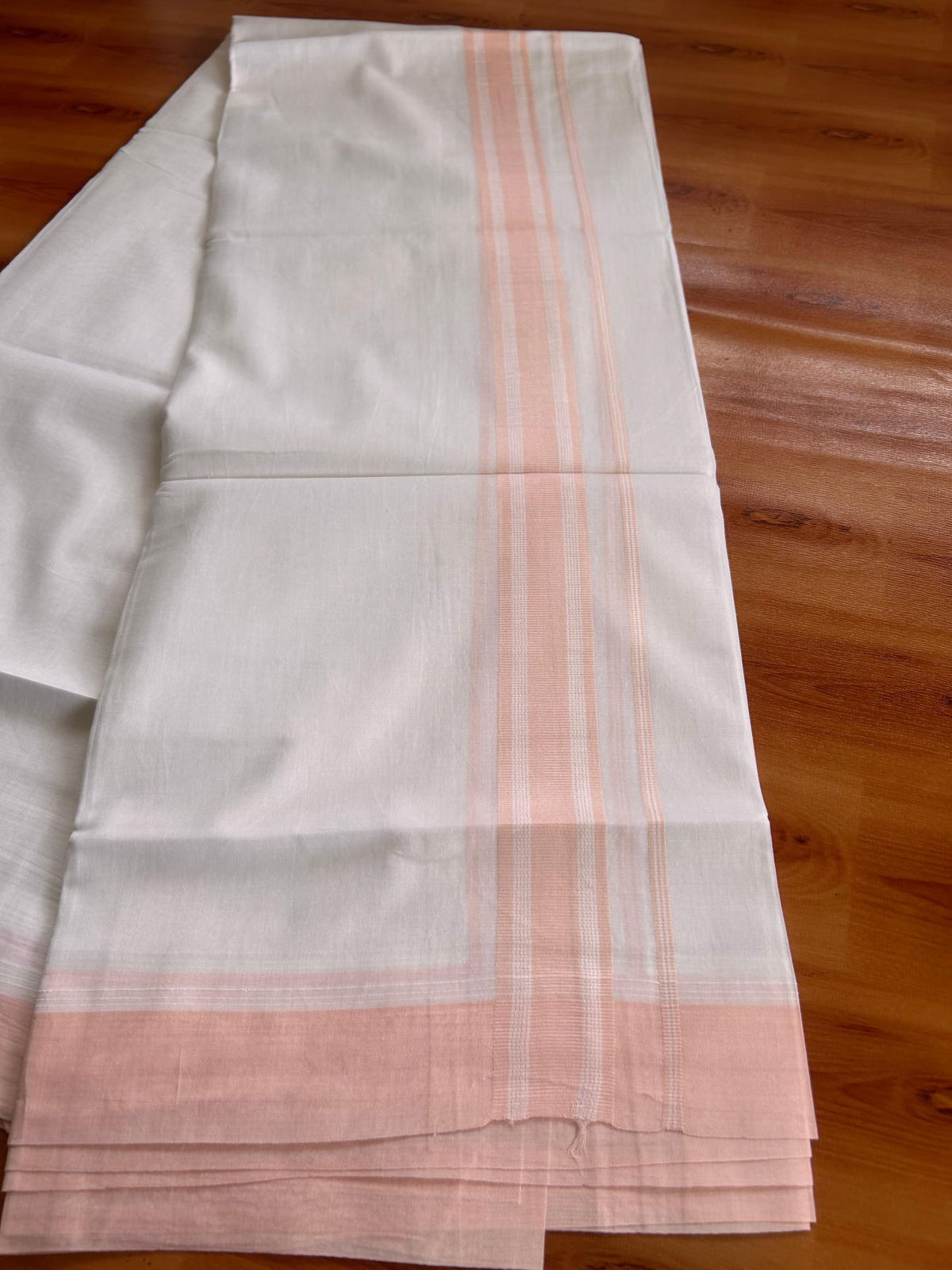 Pure White Double Mundu/Dhoti - 20% Discount ! Kaitharikada Pure Cotton - 100x80 - 1.5 inch Peach striped Kara 3.80 mtr (8 muzham) - 41 KK5523 MC