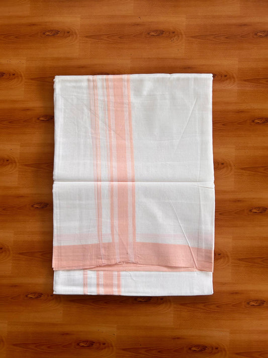 Pure White Double Mundu/Dhoti - 20% Discount ! Kaitharikada Pure Cotton - 100x80 - 1.5 inch Peach striped Kara 3.80 mtr (8 muzham) - 41 KK5523 MC
