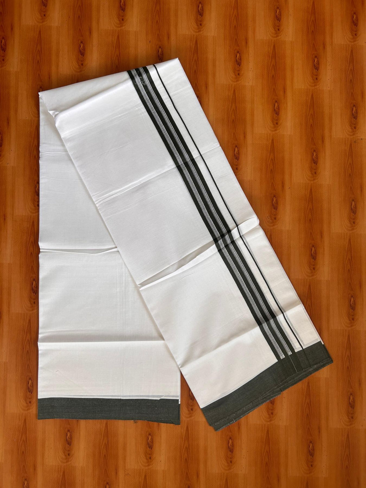 Pure White Double Mundu/Dhoti - 20% Discount ! Kaitharikada Pure Cotton - 100x80 - 1.25 inch Dark Green striped Kara 3.80 mtr (8 muzham) - 38 KK5523 MC