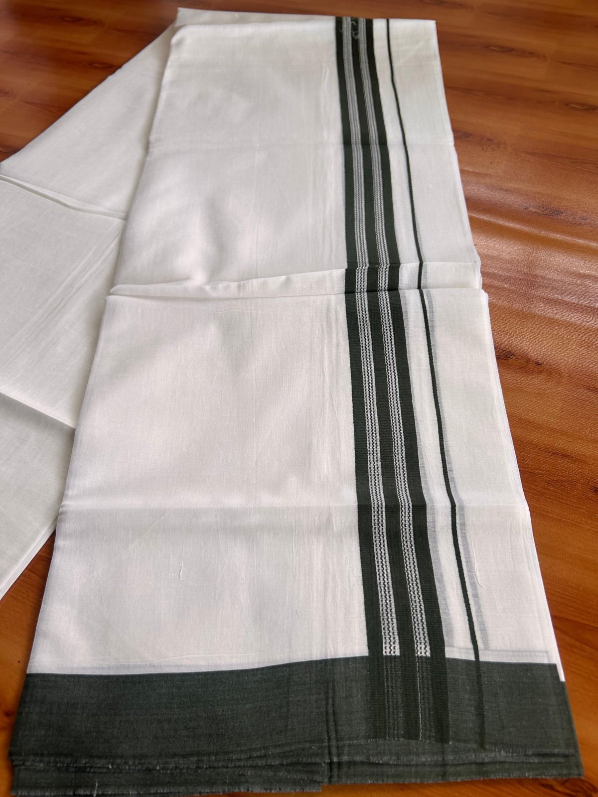 Pure White Double Mundu/Dhoti - 20% Discount ! Kaitharikada Pure Cotton - 100x80 - 1.25 inch Dark Green striped Kara 3.80 mtr (8 muzham) - 38 KK5523 MC