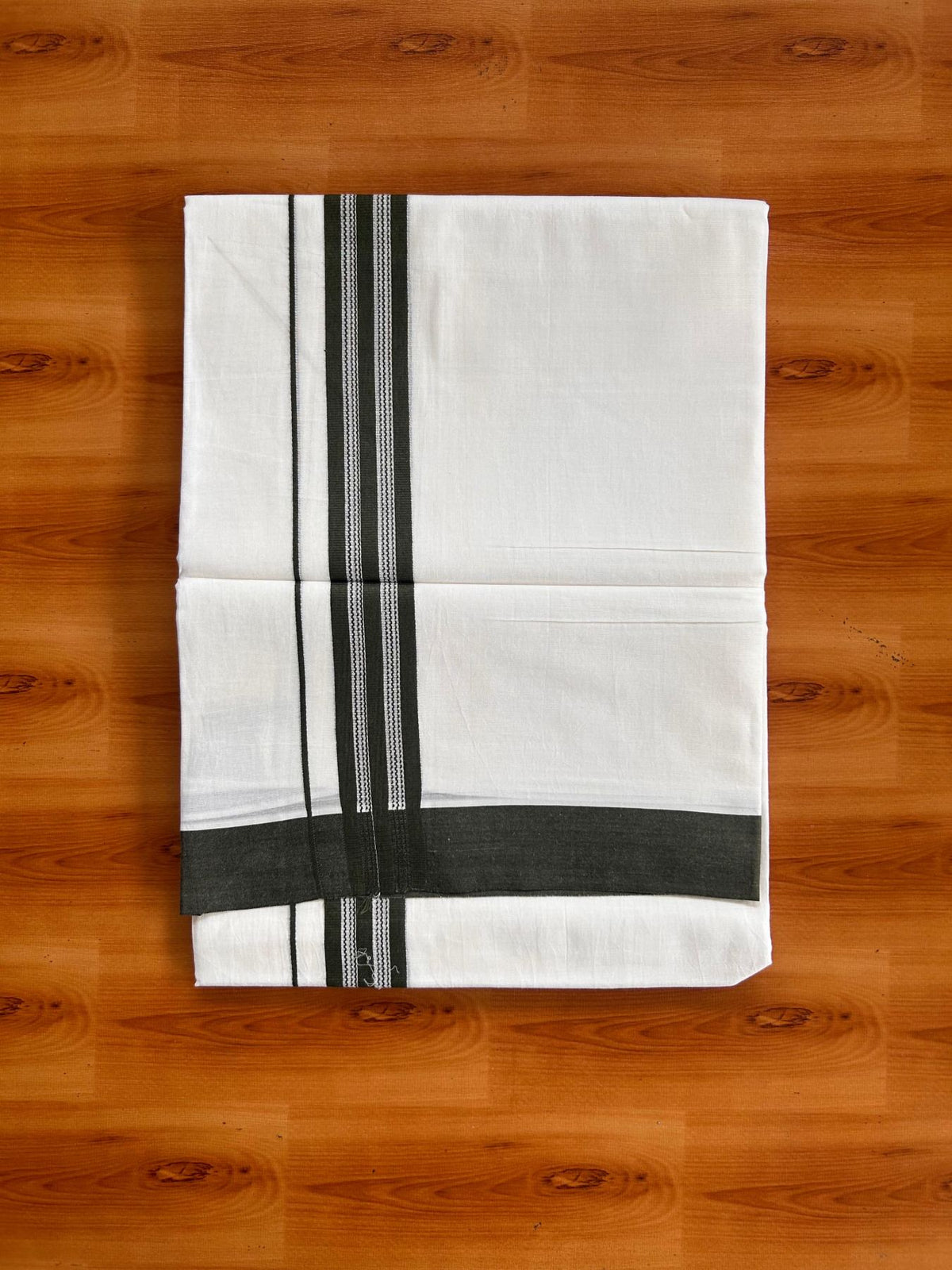 Pure White Double Mundu/Dhoti - 20% Discount ! Kaitharikada Pure Cotton - 100x80 - 1.25 inch Dark Green striped Kara 3.80 mtr (8 muzham) - 38 KK5523 MC