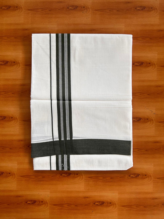 Pure White Double Mundu/Dhoti - 20% Discount ! Kaitharikada Pure Cotton - 100x80 - 1.25 inch Dark Green striped Kara 3.80 mtr (8 muzham) - 38 KK5523 MC