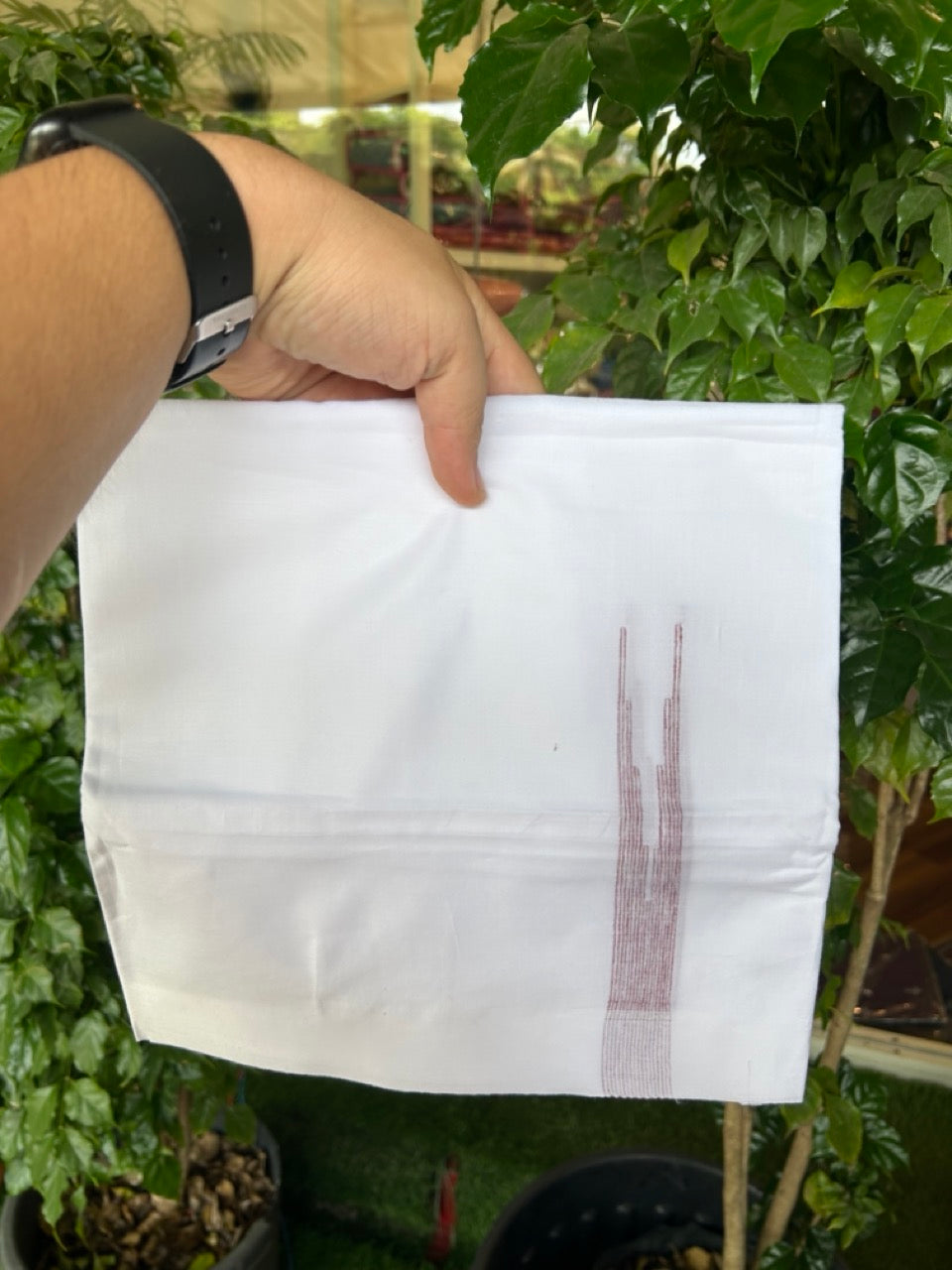 20% DISCOUNT!!  KaithariKada Balaramapuram 100% Cotton PURE WHITE Double Mundu/Dhoti-100x80 - 1 inch Brown Shaded Puliyilakkara Chutty - 37KK5191CKS