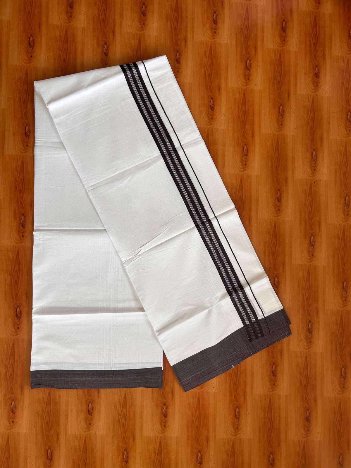 Pure White Double Mundu/Dhoti - 20% Discount ! Kaitharikada Pure Cotton - 100x80 - 1.25 inch Dark Brown striped Kara 3.80 mtr (8 muzham) - 39 KK5523 MC