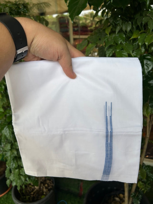 20% DISCOUNT!!  KaithariKada Balaramapuram 100% Cotton PURE WHITE Double Mundu/Dhoti-100x80 - 0.5 inch Blue Puliyilakkara Chutty - 35KK5191CKS