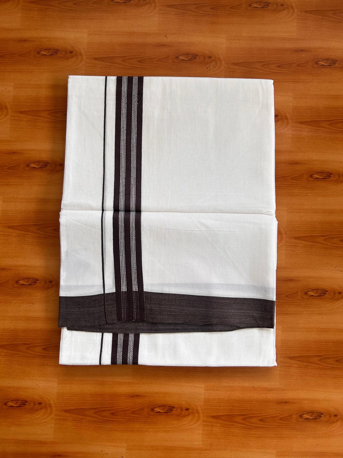 Pure White Double Mundu/Dhoti - 20% Discount ! Kaitharikada Pure Cotton - 100x80 - 1.25 inch Dark Brown striped Kara 3.80 mtr (8 muzham) - 39 KK5523 MC