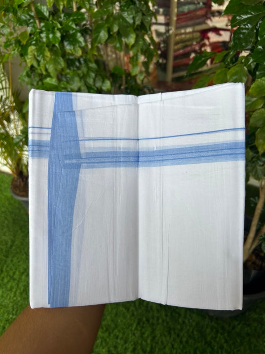 20% Discount!!! KaithariKada Balaramapuram DOUBLE PURE WHITE Mundu/Dhoti - 100X80 - 0.75 inch Sky Blue Striped & Shaded Designer Kara - 27KK5191CKS