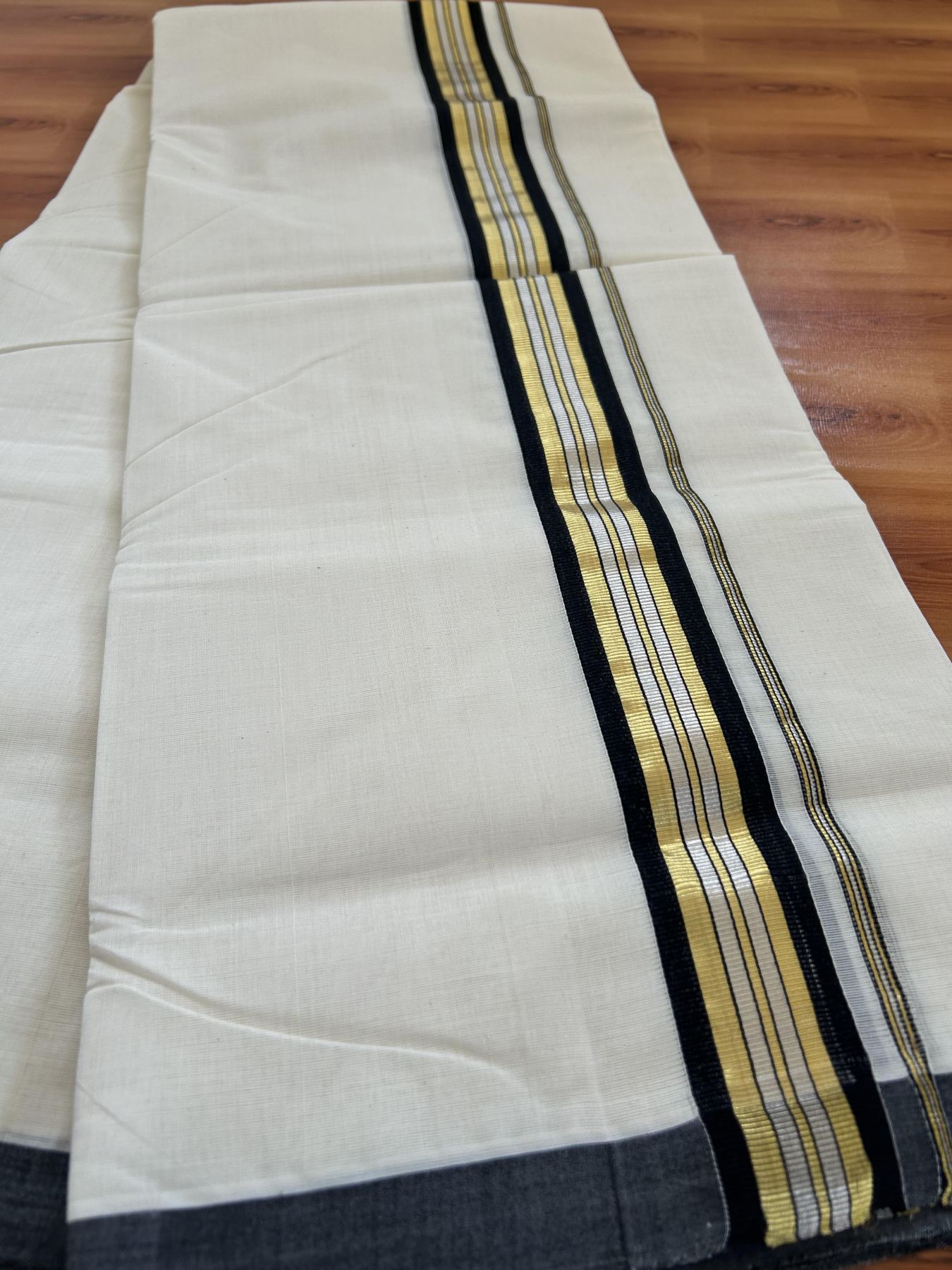 Double Off White - (Unbleached) Mundu/Dhoti - 25% Discount! KaithariKada Handloom Millpaav Kerala Handloom - Pure Cotton - (80X90) - 1.5 inch Gold & Silver Kasav Black Striped Kara 4 mtr (8.5 Muzham) - 14 KK5403 RAM