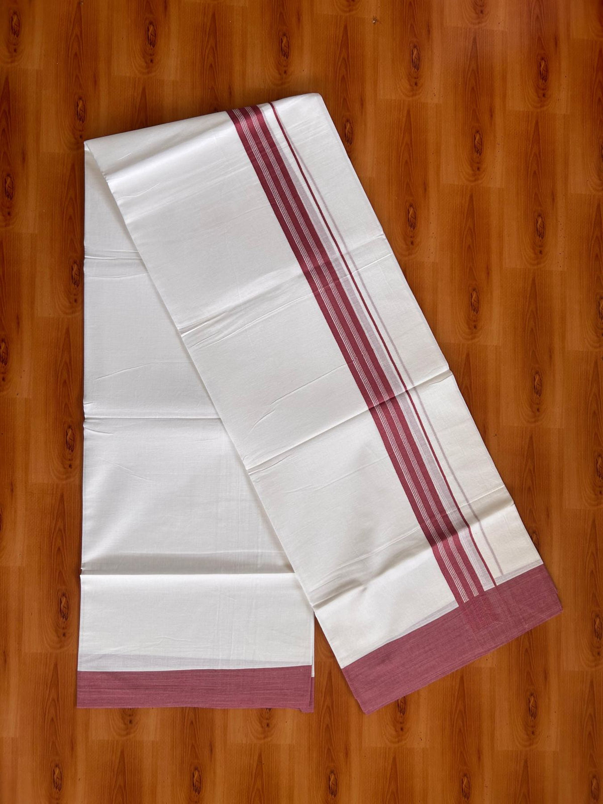 Pure White Double Mundu/Dhoti - 20% Discount ! Kaitharikada Pure Cotton - 100x80 - 1.25 inch Pastel Maroon striped Kara 3.80 mtr (8 muzham) - 37 KK5523 MC