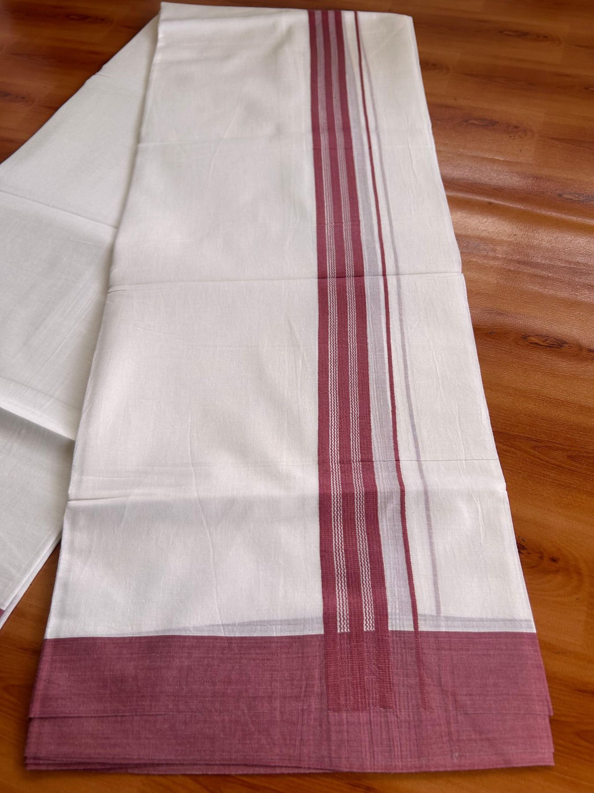 Pure White Double Mundu/Dhoti - 20% Discount ! Kaitharikada Pure Cotton - 100x80 - 1.25 inch Pastel Maroon striped Kara 3.80 mtr (8 muzham) - 37 KK5523 MC