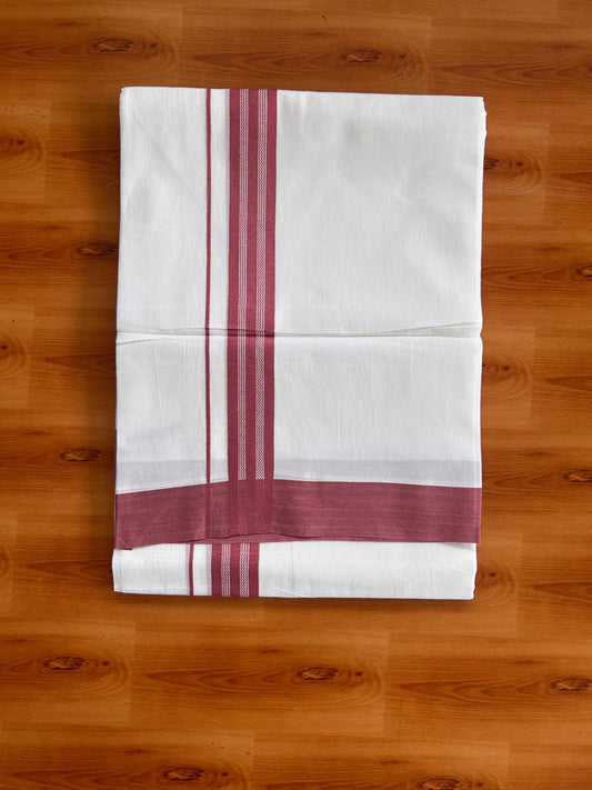 Pure White Double Mundu/Dhoti - 20% Discount ! Kaitharikada Pure Cotton - 100x80 - 1.25 inch Pastel Maroon striped Kara 3.80 mtr (8 muzham) - 37 KK5523 MC