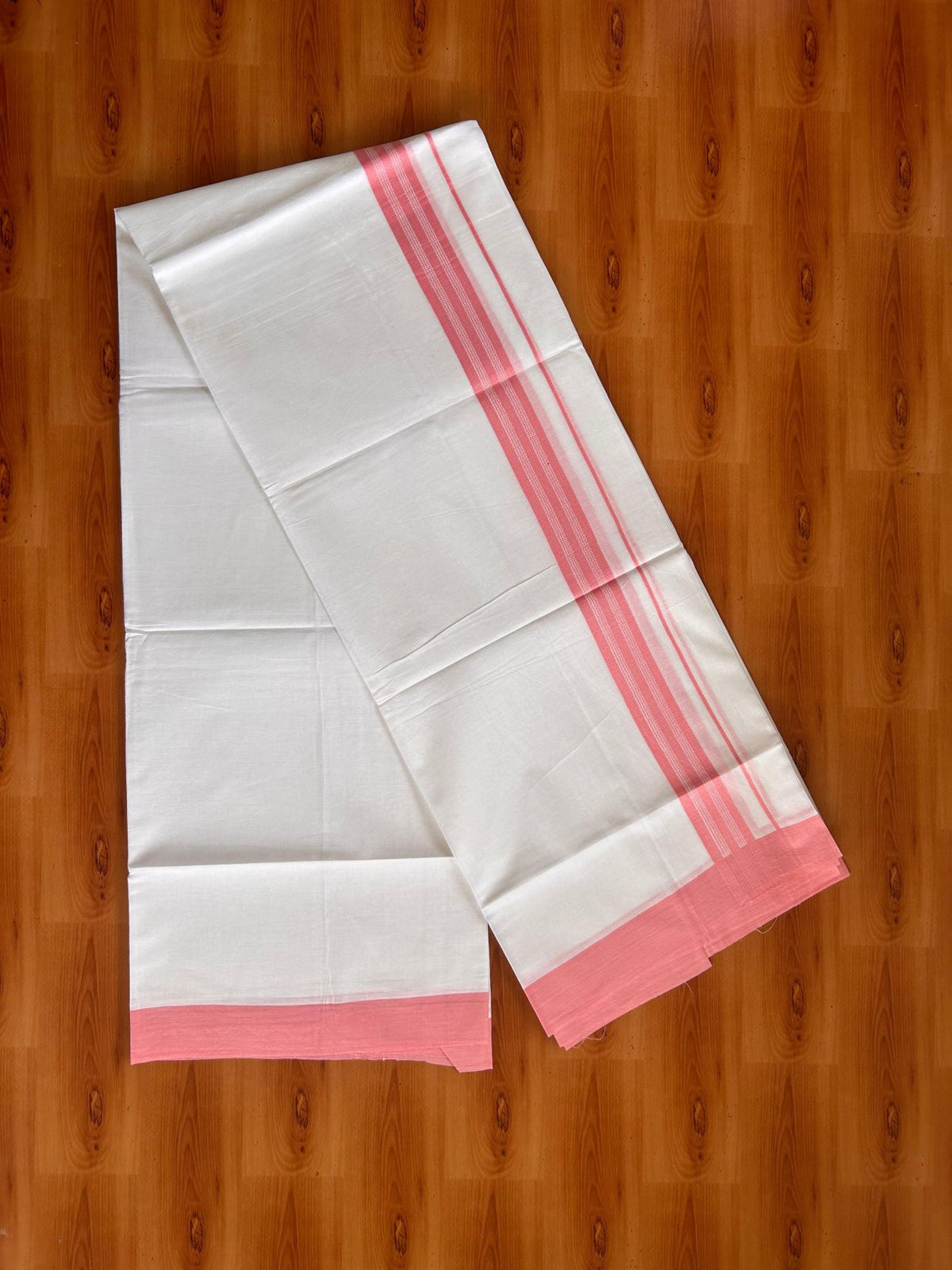 Pure White Double Mundu/Dhoti - 20% Discount ! Kaitharikada Pure Cotton - 100x80 - 1.25 inch Pink striped Kara 3.80 mtr (8 muzham) - 42 KK5523 MC