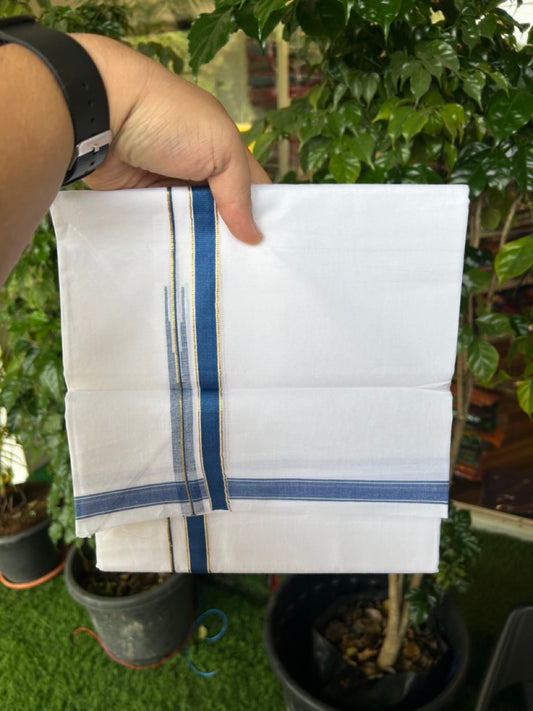 20% DISCOUNT!! KaithariKada Balaramapuram 100% Cotton PURE WHITE Double Mundu/Dhoti-100x80 - 0.5 inch Cobalt Blue Kasav Chutty Kara - 23KK5191CKS