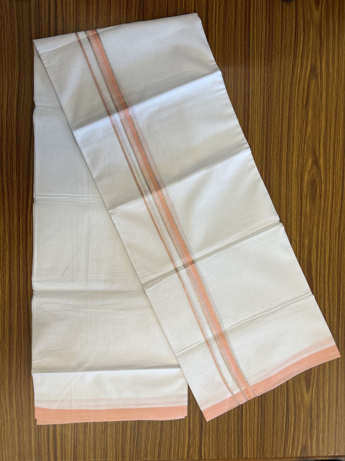 20% Discount! KaithariKada Balaramapuram 100% Cotton Double Pure white Mundu/Dhoti- 100X80 - 0.75 inch Silver Kasav & Peach Kara - 4 mtr ( 8.5 muzham) - 24 KK5341 VIN