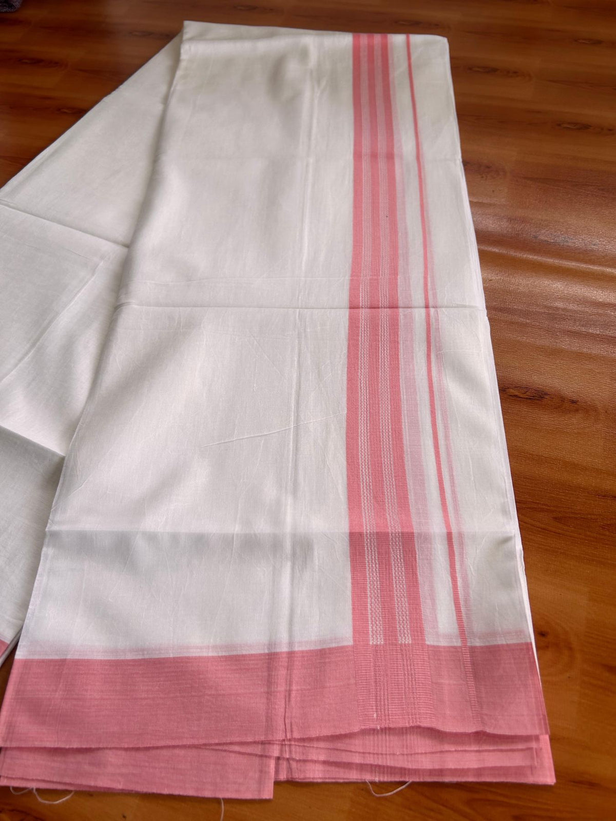 Pure White Double Mundu/Dhoti - 20% Discount ! Kaitharikada Pure Cotton - 100x80 - 1.25 inch Pink striped Kara 3.80 mtr (8 muzham) - 42 KK5523 MC