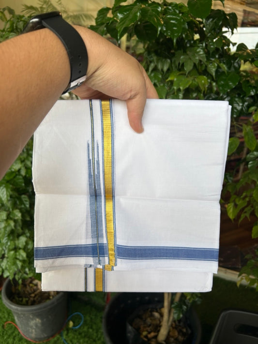20% DISCOUNT!! KaithariKada Balaramapuram 100% Cotton PURE WHITE Double Mundu/Dhoti-100x80 - 0.5 inch Blue Kasav Chutty Kara - 18KK5191CKS