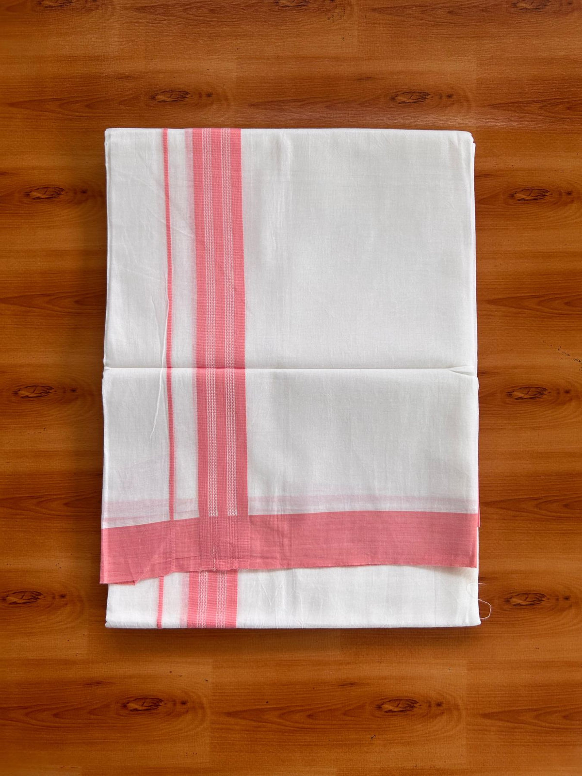 Pure White Double Mundu/Dhoti - 20% Discount ! Kaitharikada Pure Cotton - 100x80 - 1.25 inch Pink striped Kara 3.80 mtr (8 muzham) - 42 KK5523 MC