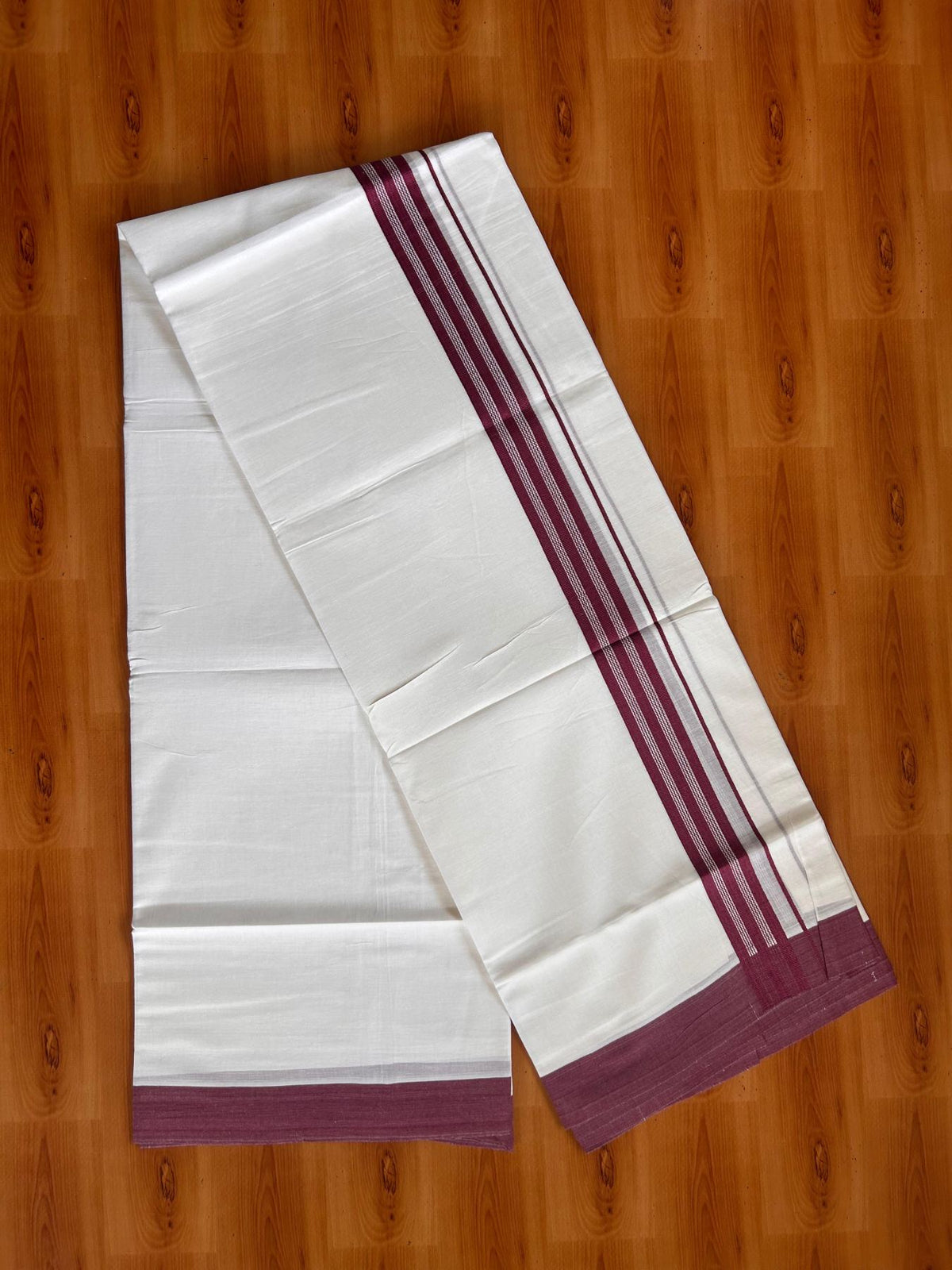 Pure White Double Mundu/Dhoti - 20% Discount ! Kaitharikada Pure Cotton - 100x80 - 1.25 inch Purple Wine striped Kara 3.80 mtr (8 muzham) - 40 KK5523 MC