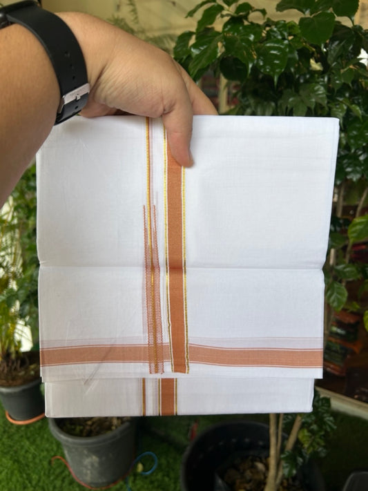 20% DISCOUNT!! KaithariKada Balaramapuram 100% Cotton PURE WHITE Double Mundu/Dhoti-100x80 - 0.5 inch Orange Brown Kasav Chutty Kara - 19KK5191CKS