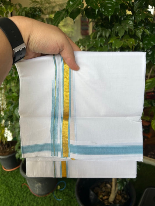 20% DISCOUNT!! KaithariKada Balaramapuram 100% Cotton PURE WHITE Double Mundu/Dhoti-100x80 - 0.5 inch Cyan Blue Kasav Chutty Kara - 20KK5191CKS