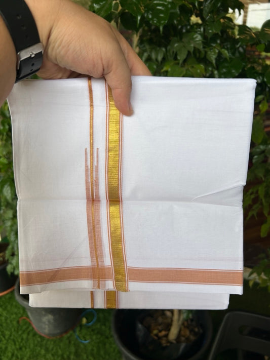 20% DISCOUNT!! KaithariKada Balaramapuram 100% Cotton PURE WHITE Double Mundu/Dhoti-100x80 - 0.5 inch Orange Brown Kasav Chutty Kara - 22KK5191CKS