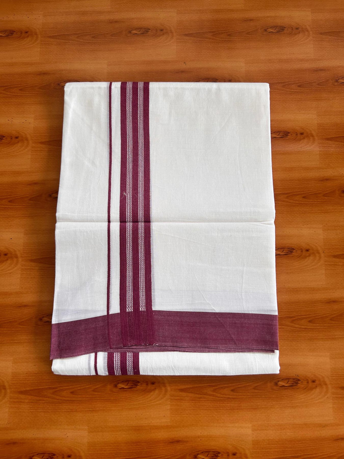 Pure White Double Mundu/Dhoti - 20% Discount ! Kaitharikada Pure Cotton - 100x80 - 1.25 inch Purple Wine striped Kara 3.80 mtr (8 muzham) - 40 KK5523 MC