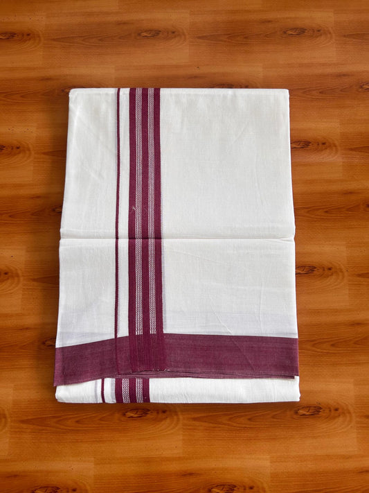Pure White Double Mundu/Dhoti - 20% Discount ! Kaitharikada Pure Cotton - 100x80 - 1.25 inch Purple Wine striped Kara 3.80 mtr (8 muzham) - 40 KK5523 MC