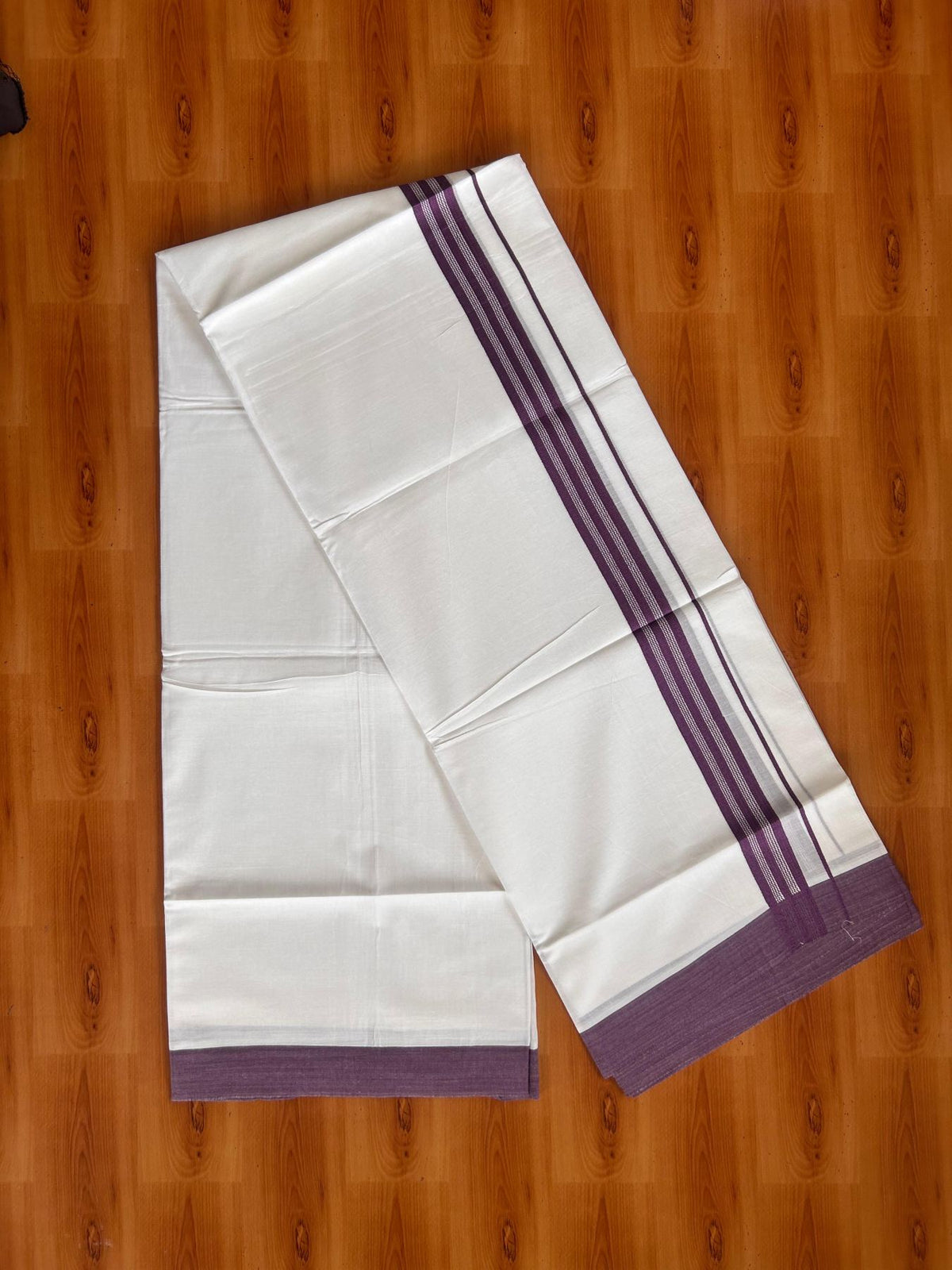 Pure White Double Mundu/Dhoti - 20% Discount ! Kaitharikada Pure Cotton - 100x80 - 1.25 inch Violet striped Kara 3.80 mtr (8 muzham) - 44 KK5523 MC