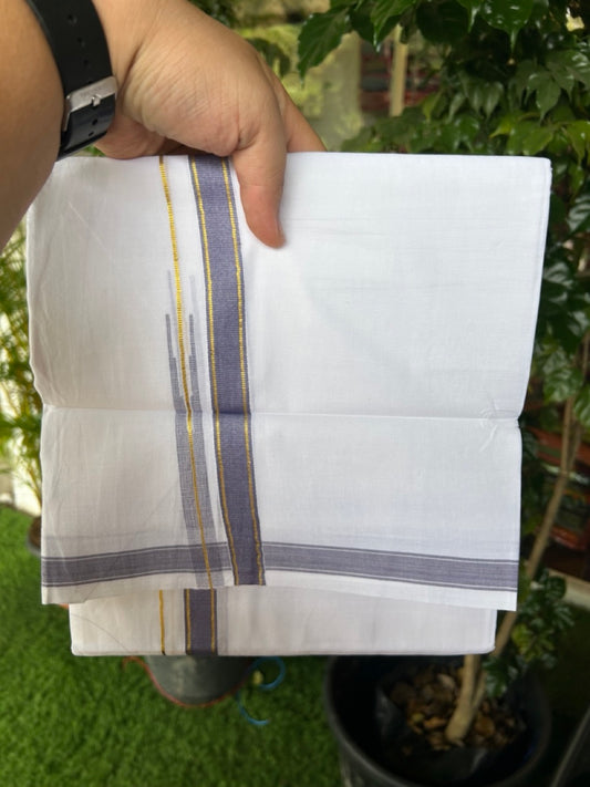20% DISCOUNT!! KaithariKada Balaramapuram 100% Cotton PURE WHITE Double Mundu/Dhoti-100x80 - 0.75 inch Violet Blue Kasav Chutty Kara - 21KK5191CKS