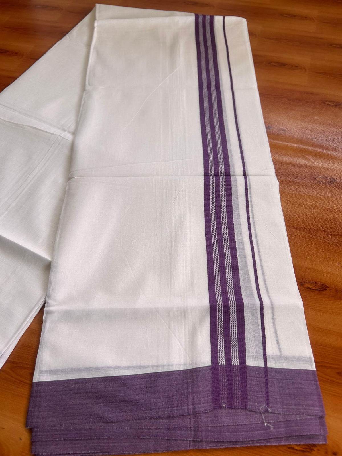 Pure White Double Mundu/Dhoti - 20% Discount ! Kaitharikada Pure Cotton - 100x80 - 1.25 inch Violet striped Kara 3.80 mtr (8 muzham) - 44 KK5523 MC