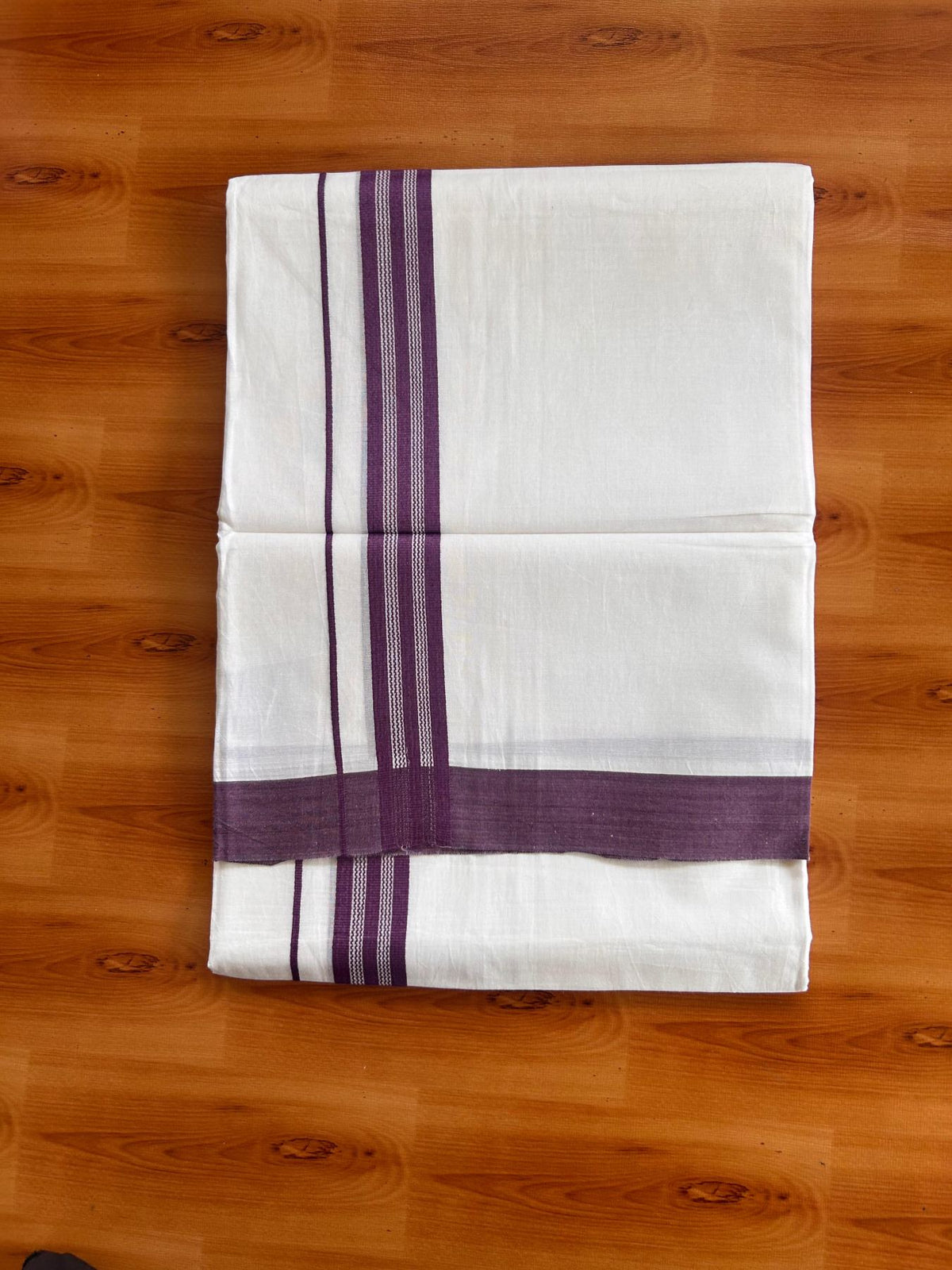 Pure White Double Mundu/Dhoti - 20% Discount ! Kaitharikada Pure Cotton - 100x80 - 1.25 inch Violet striped Kara 3.80 mtr (8 muzham) - 44 KK5523 MC