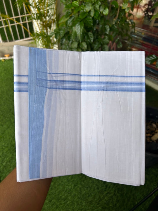 20% Discount!!! KaithariKada Balaramapuram DOUBLE PURE WHITE Mundu/Dhoti - 100X80 - 0.75 inch Bright Blue Striped & Shaded Designer Kara - 30KK5191CKS