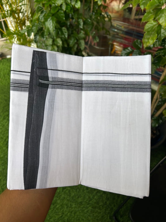 20% Discount!!! KaithariKada Balaramapuram DOUBLE PURE WHITE Mundu/Dhoti - 100X80 - 0.75 inch Black Striped & Shaded Designer Kara - 26KK5191CKS