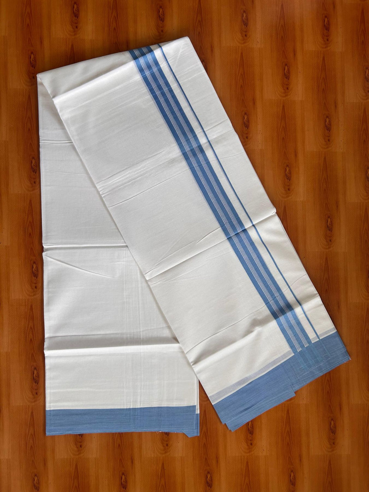 Pure White Double Mundu/Dhoti - 20% Discount ! Kaitharikada Pure Cotton - 100x80 - 1.25 inch Blue striped Kara 3.80 mtr (8 muzham) - 43 KK5523 MC